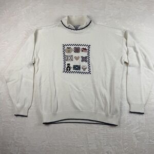 Cotton Harbor Womens M Cream Cottagecore‎ Knit Sweater Embroidered Mock Neck